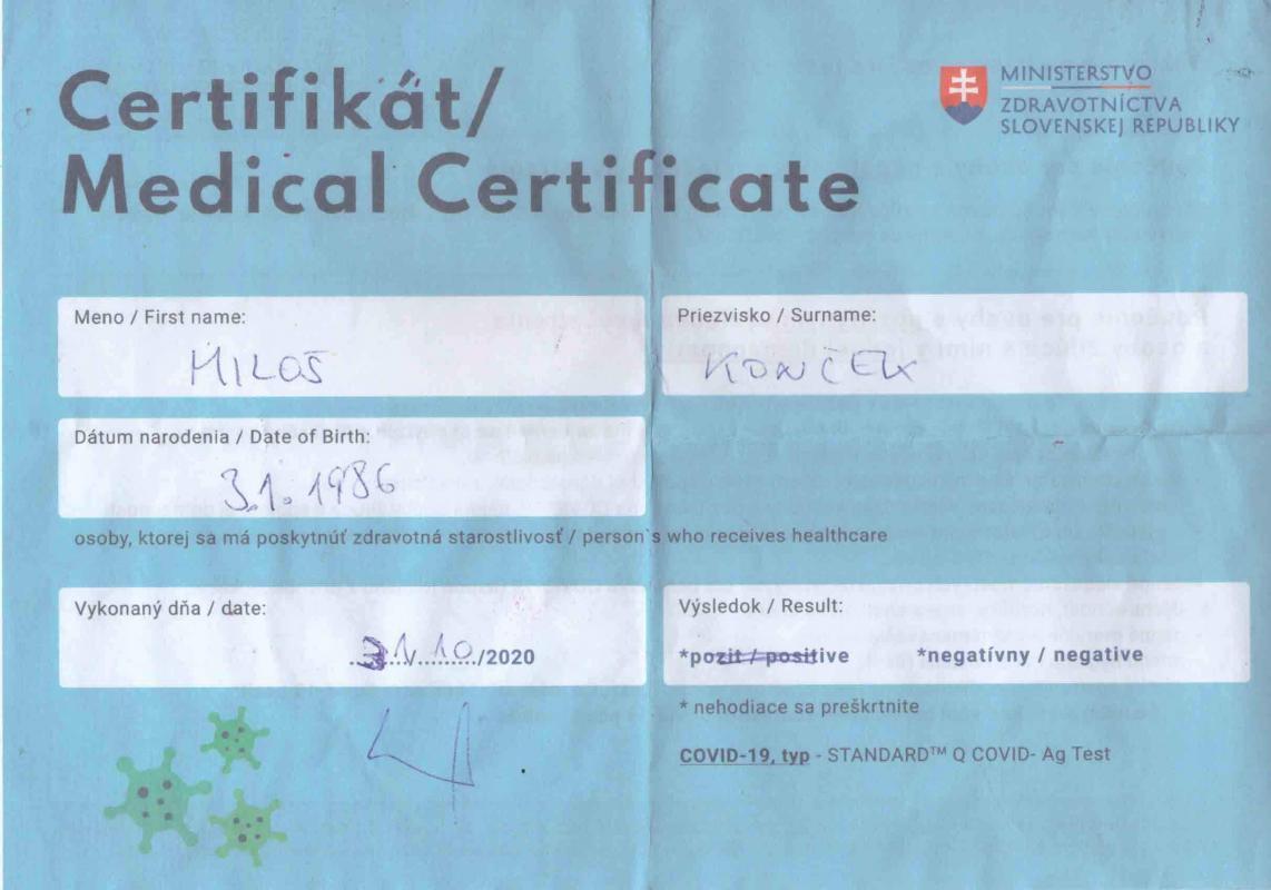 Certifikát COVID19 negatívny